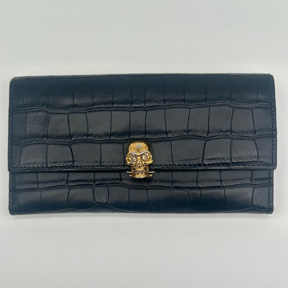 Alexander McQueen Skull Croc-Embossed Leather Continental Wallet Dark Blue